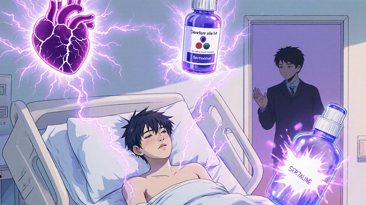 A man in ICU surrounded by glowing medical icons, St. John’s wort and antidepressant bottles hovering above him.