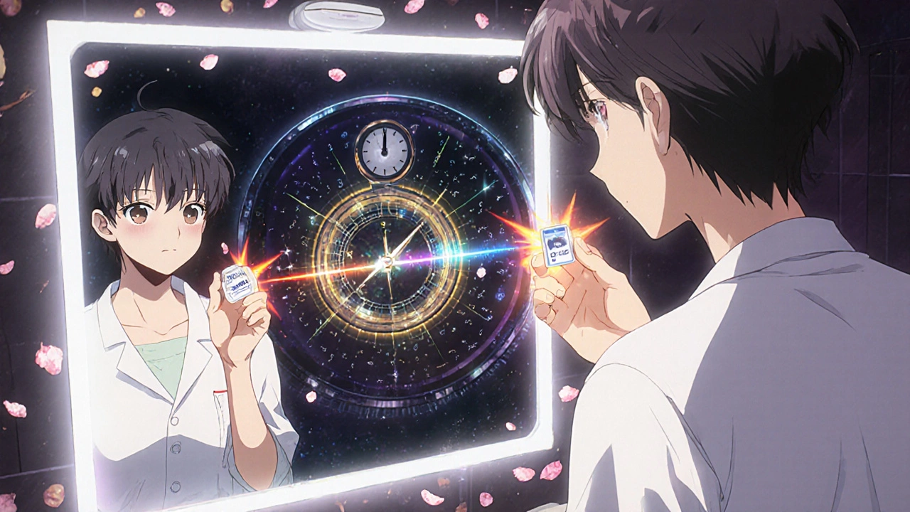 A patient sees their reflection holding a glowing brand pill while they hold a dull generic, with floating equations and petals in the background.