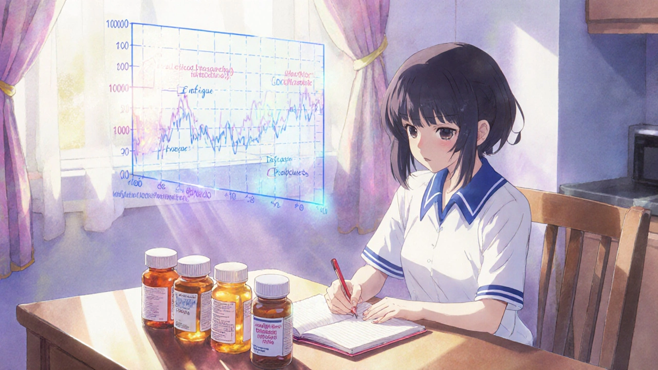 A patient writes symptoms in a journal beside pill bottles with glowing auras, a floating graph showing health changes above.