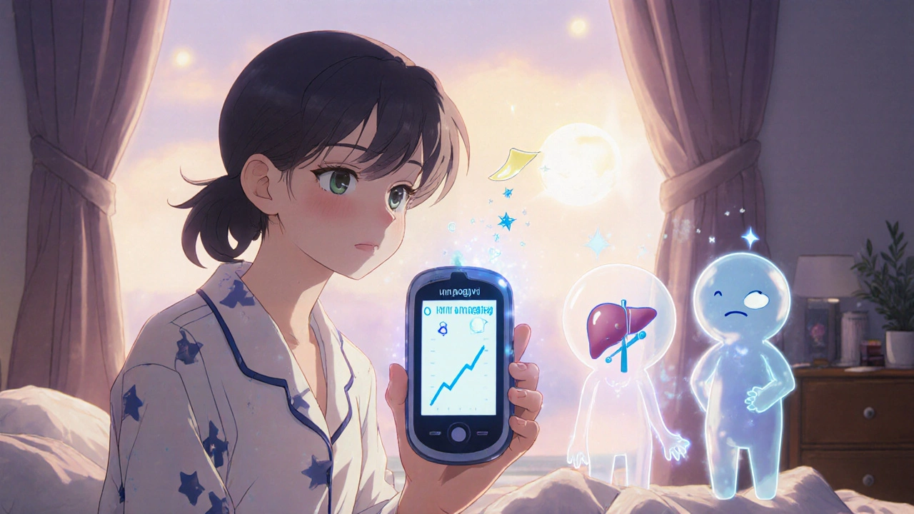 A person holding a glowing CGM with rising arrow, two spirit figures arguing about morning sugar spikes.