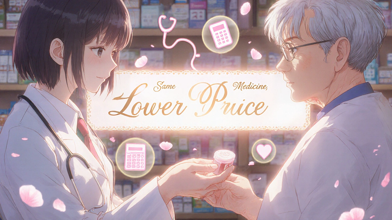 A pharmacist handing a generic medication to an older patient with a glowing message between them.