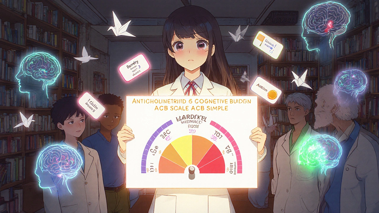 A pharmacist holding a glowing scale with floating drug labels, while patients’ brain pathways dim or brighten with safer alternatives.