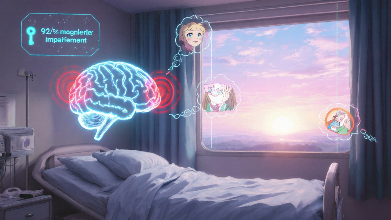 A projected brain map with red zones of cognitive fog being dissolved by a celestial new sleep drug, as sunrise brings clarity.