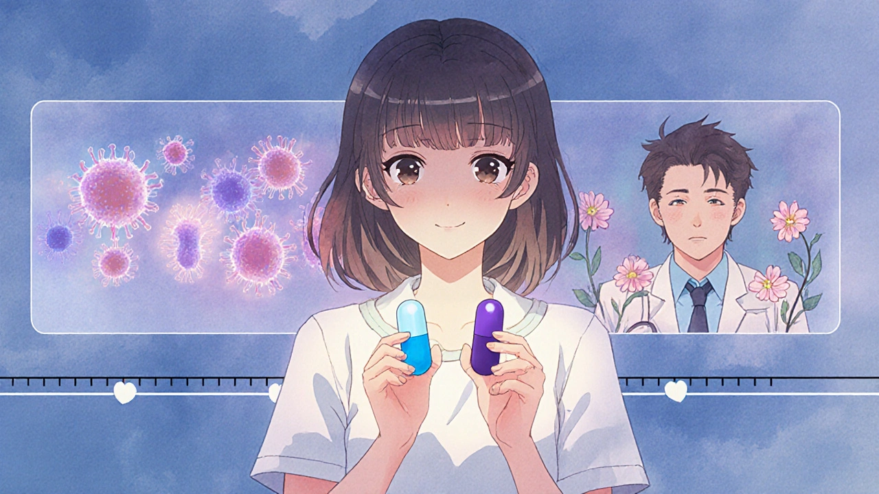 A woman holding two antidepressant capsules, one glowing warmly, the other casting a shadow, with a hopeful timeline behind her.