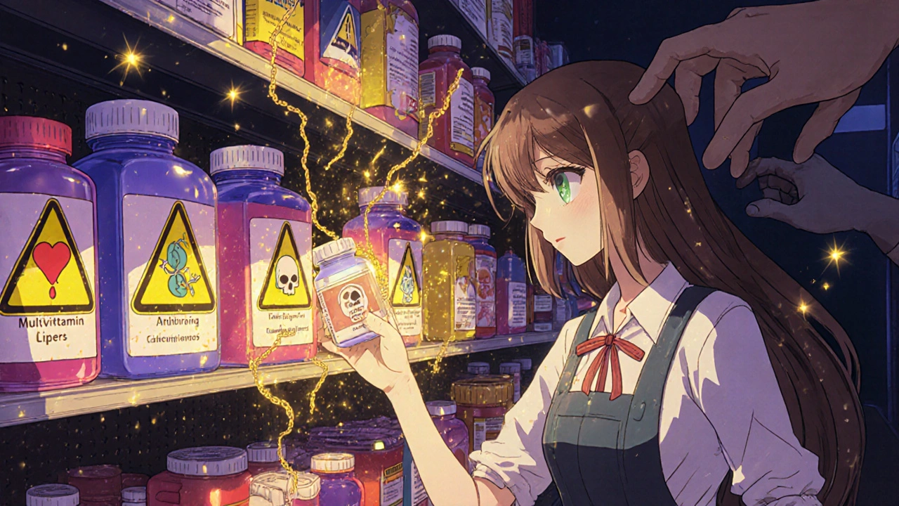 A woman reaching for a multivitamin as shadowy tendrils from supplement bottles reach toward her.