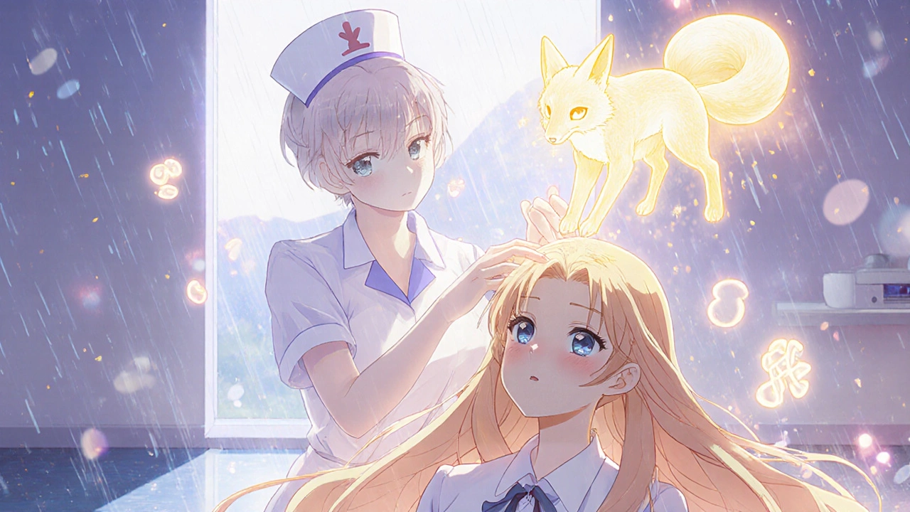 A woman receiving a PRP scalp treatment with a glowing fox spirit above her, in delicate pastel anime style.