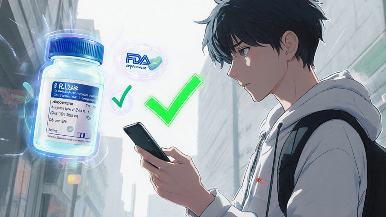 A young adult checking drug prices on a smartphone with official approval badges floating nearby.
