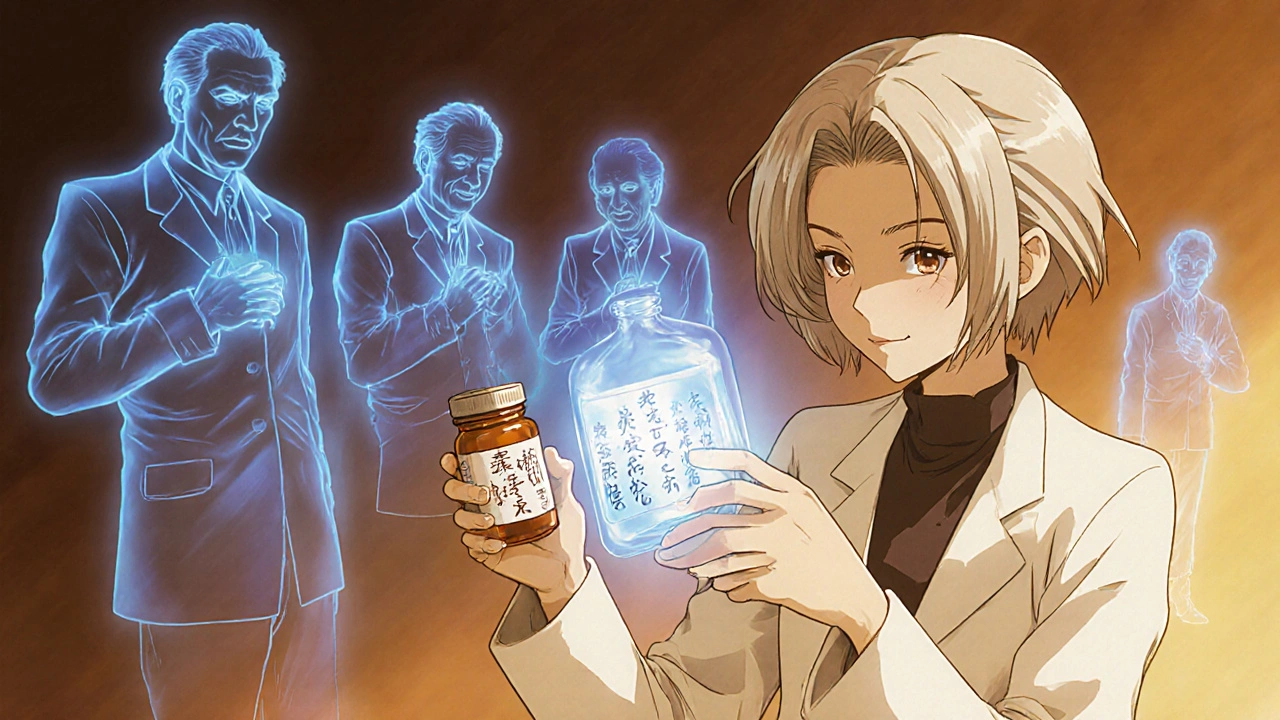An elderly patient receives a pill bottle from a pharmacist, with ghostly figures in the background representing long-term effects.