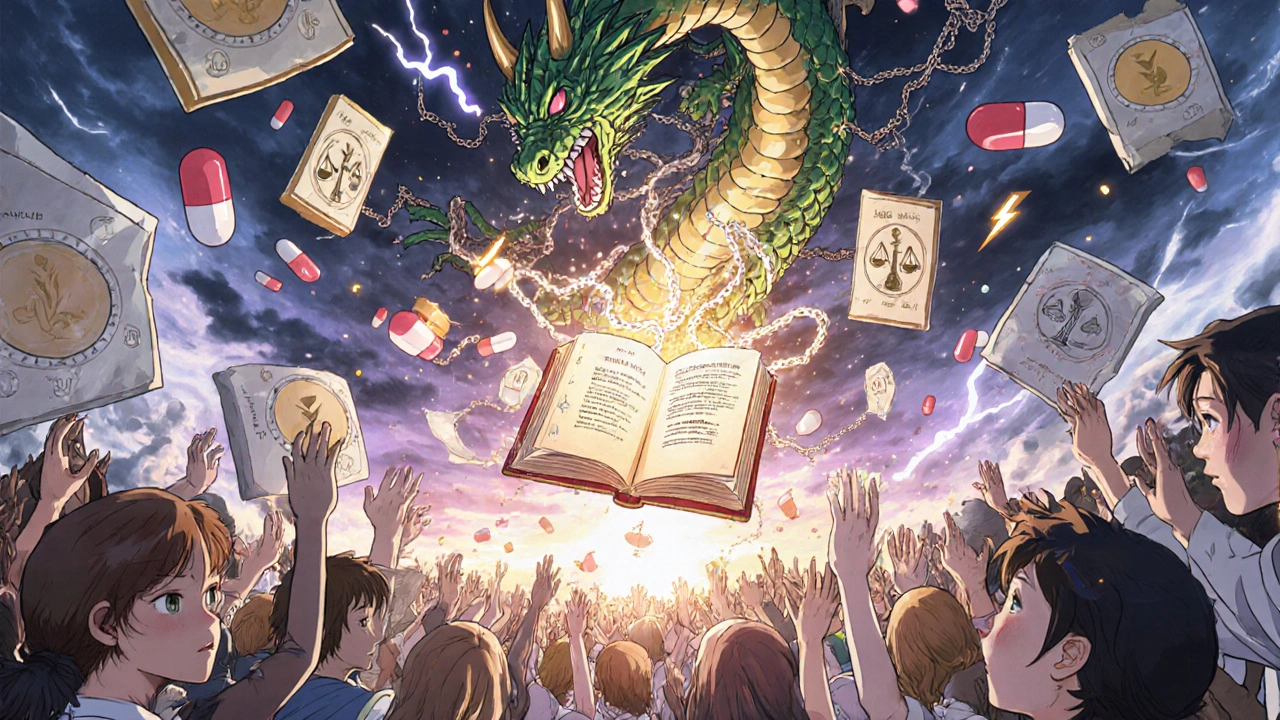 Biosimilar dragon breaking patent chains as patients reach toward a descending FDA rulebook.