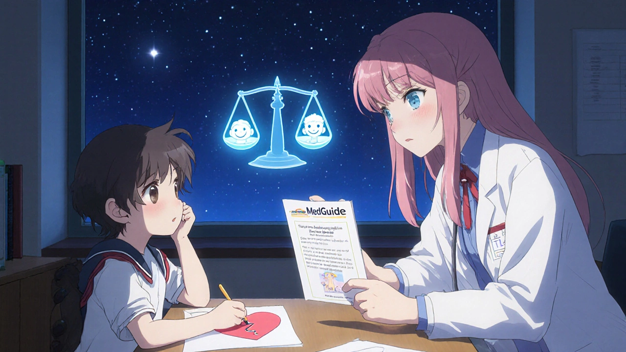 Child psychiatrist and patient in office, glowing MedGuide and starry sky with balanced scale.