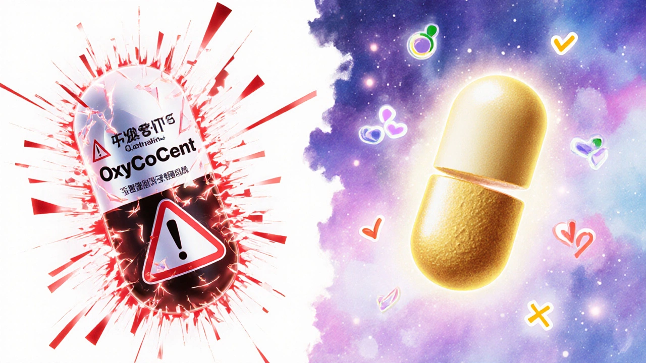 Contrasting image: dangerous shattered extended-release pill vs. safely split immediate-release tablet.