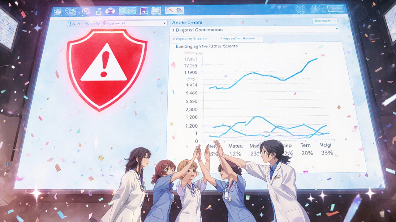 Digital EHR screen blocking dangerous drug combo, doctors celebrating as adverse events drop sharply.