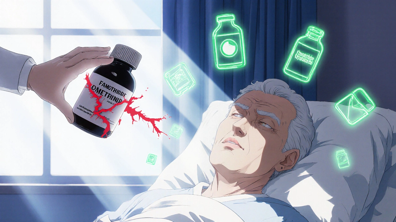 Elderly patient in hospital bed, safe medications glowing green, dark cimetidine bottle being removed by an alert hand.