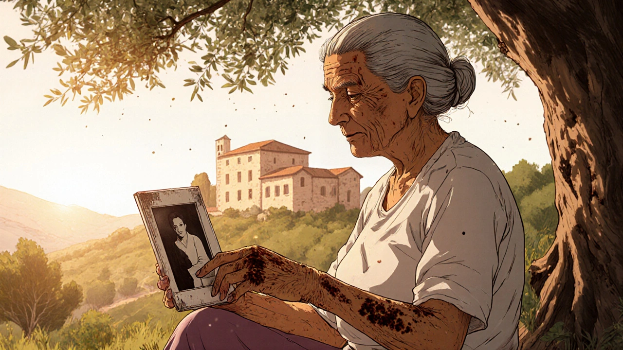 Elderly woman with sunspots sitting under an olive tree at sunset.