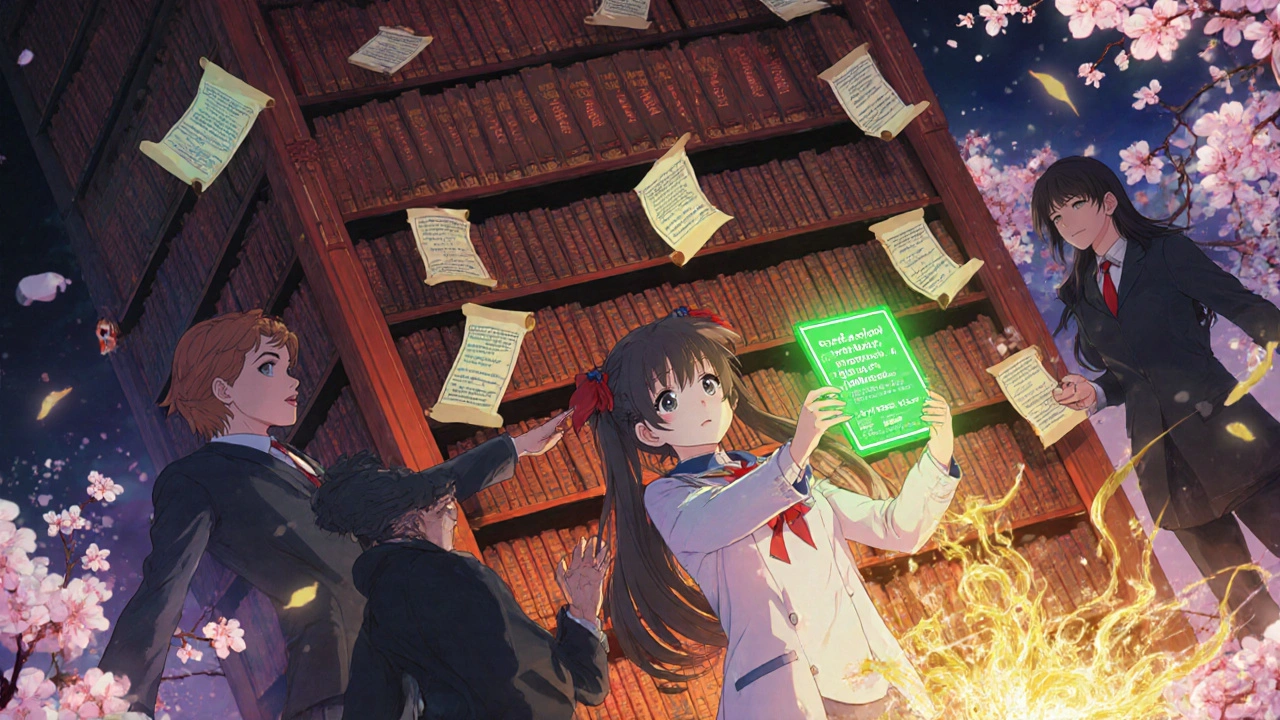 Enchanted Orange Book library with a scientist pulling a valid patent, cherry blossoms falling.