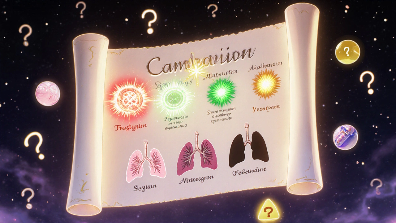 Floating magical chart comparing bladder meds by lung impact, with animated lungs and warning symbols.