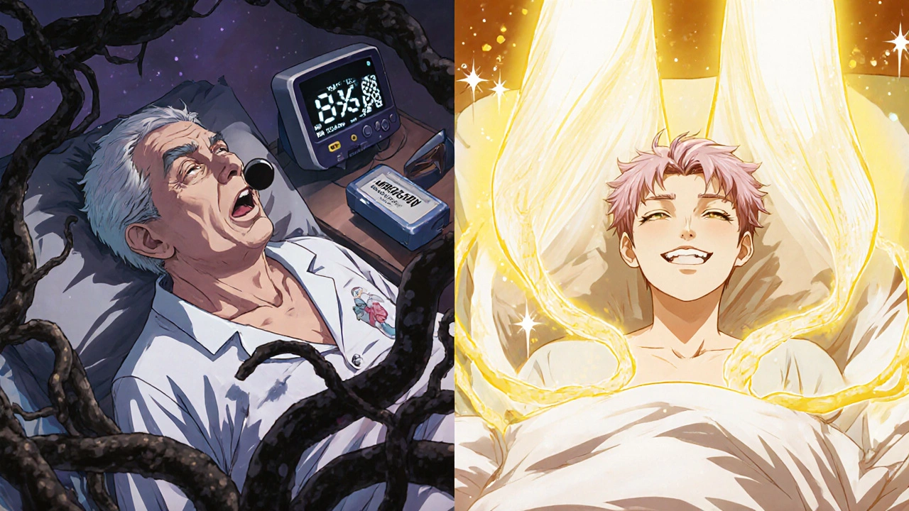 Man struggling to breathe on bed vs. peaceful after switching meds, with medical devices in background.