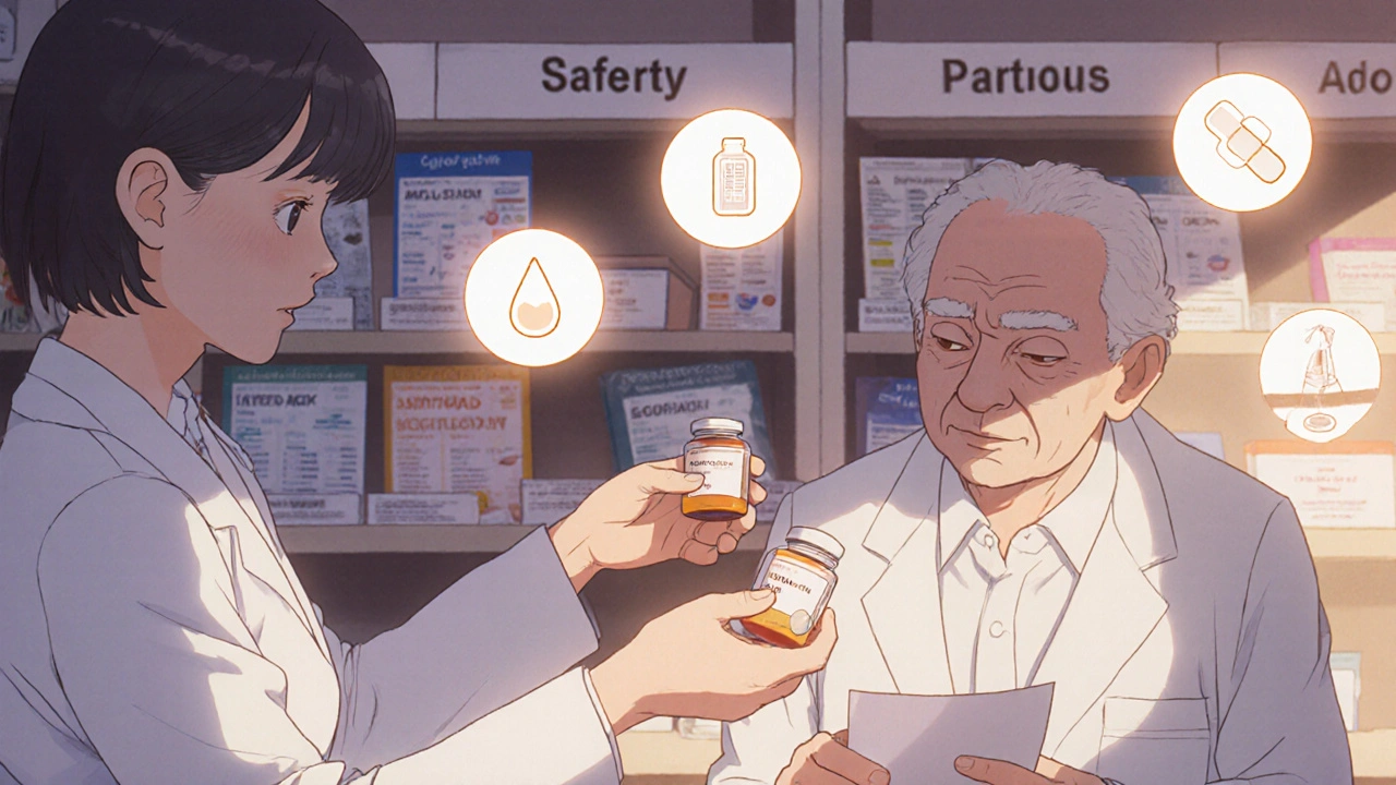 Pharmacist offering liquid medication and dissolving tablet to senior patient in cozy pharmacy.