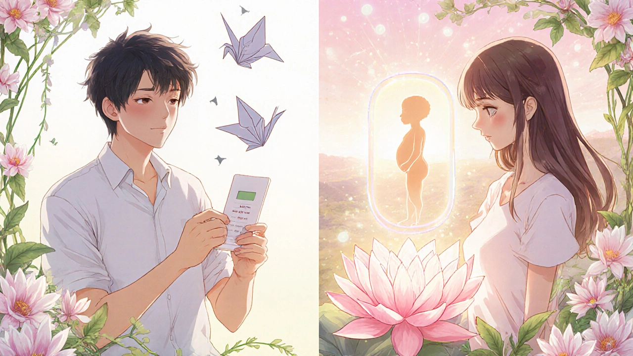 Split scene of a man checking blood results and a woman holding a positive test, both with glowing symbols.