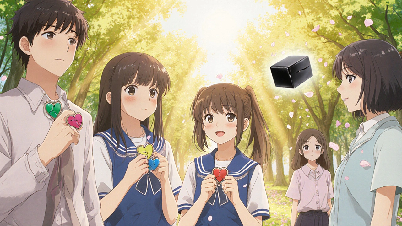 Teens in park with heart lockets, one holding pill bottle beside therapist as black box fades.