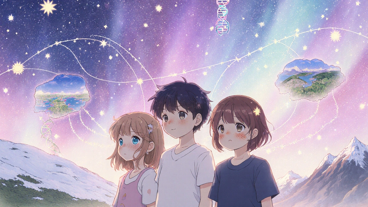 Three children with different freckle types under a starry ancestral sky.
