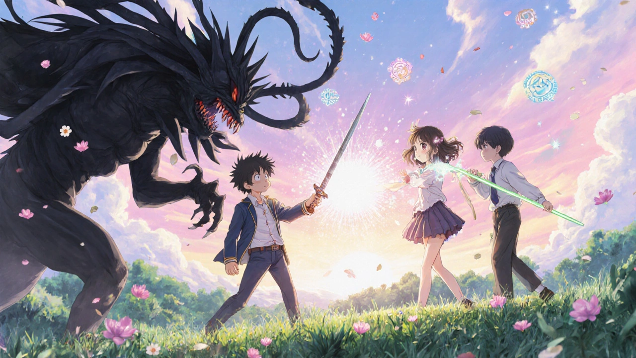 Three heroes fighting a DHT monster on a scalp battlefield, using light-based hair treatments in dreamy anime style.