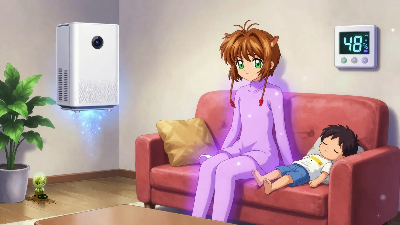 A cat kept at bay by a magical barrier while a HEPA purifier glows softly beside a sleeping child, humidity level shown in sparkles.