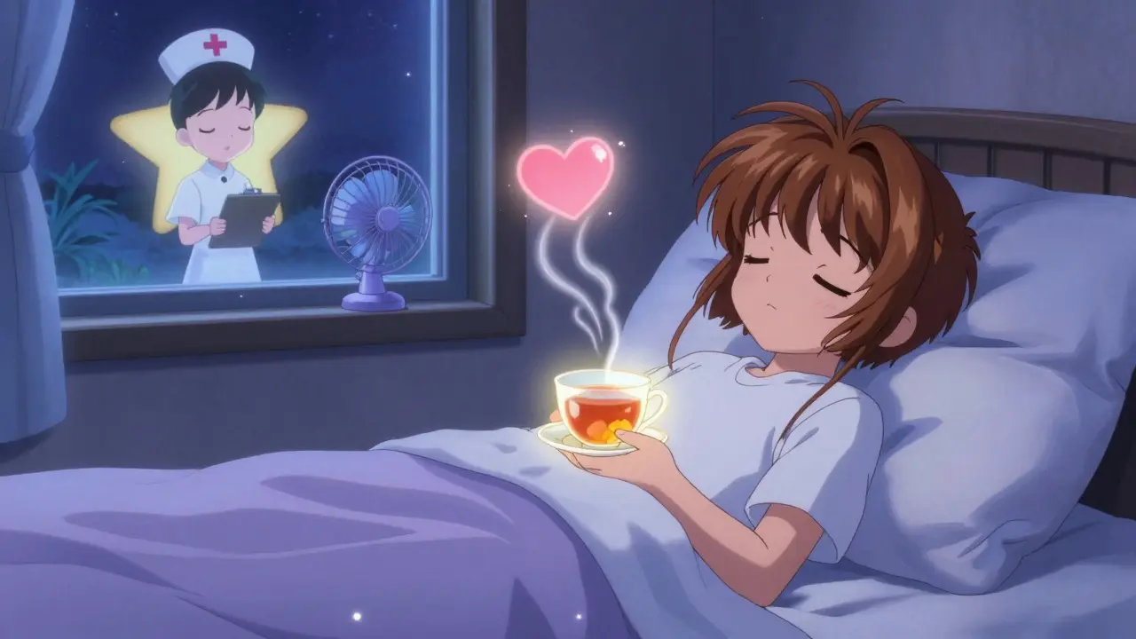 A child asleep at night surrounded by calming symbols like a breathing heart and floating ginger tea, representing peaceful relief from nausea.