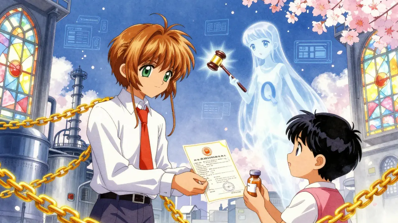 A child receives a sealed medicine bottle as golden chains break and AI is audited by a glowing QA spirit.