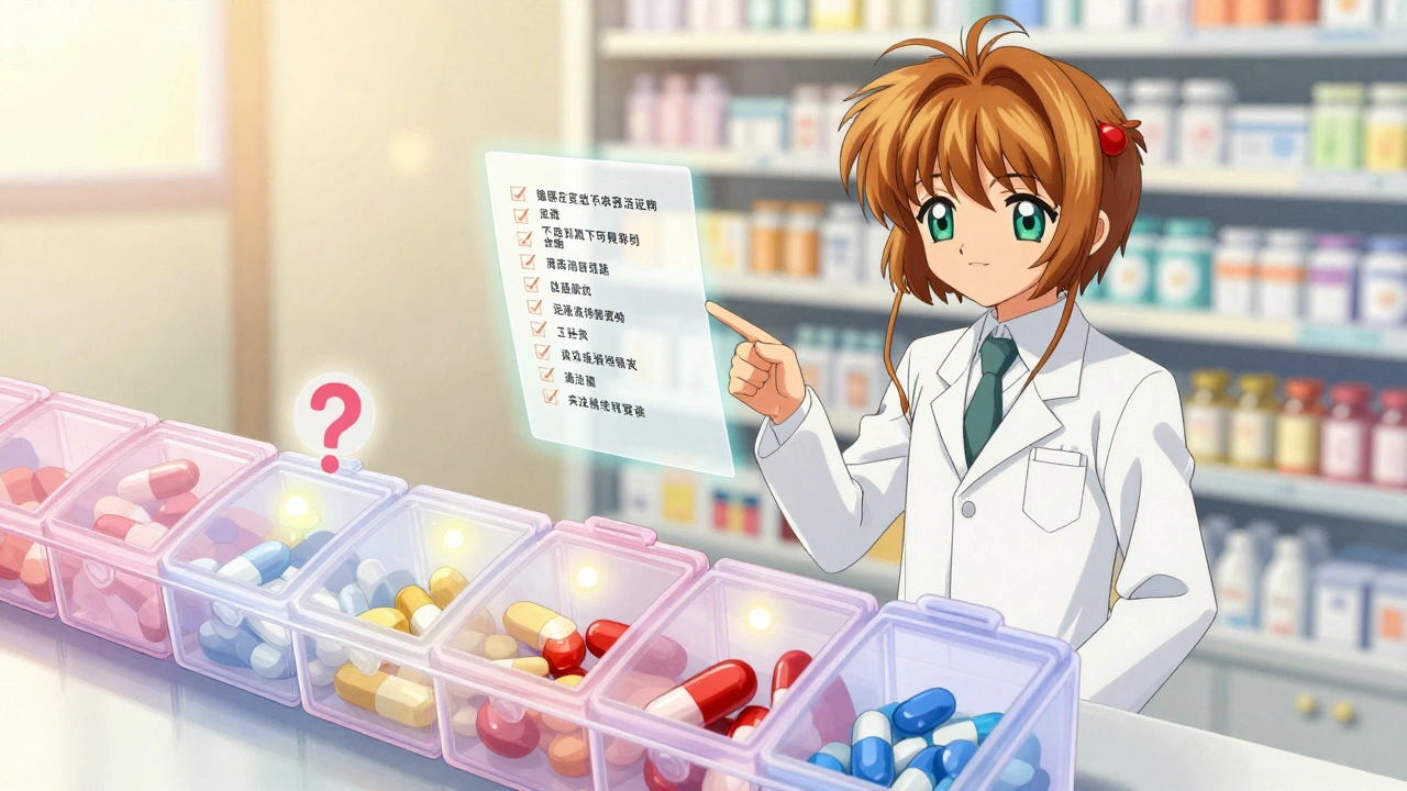 A colorful pill organizer with each tablet emitting a glowing spirit, guided by a translucent pharmacist.