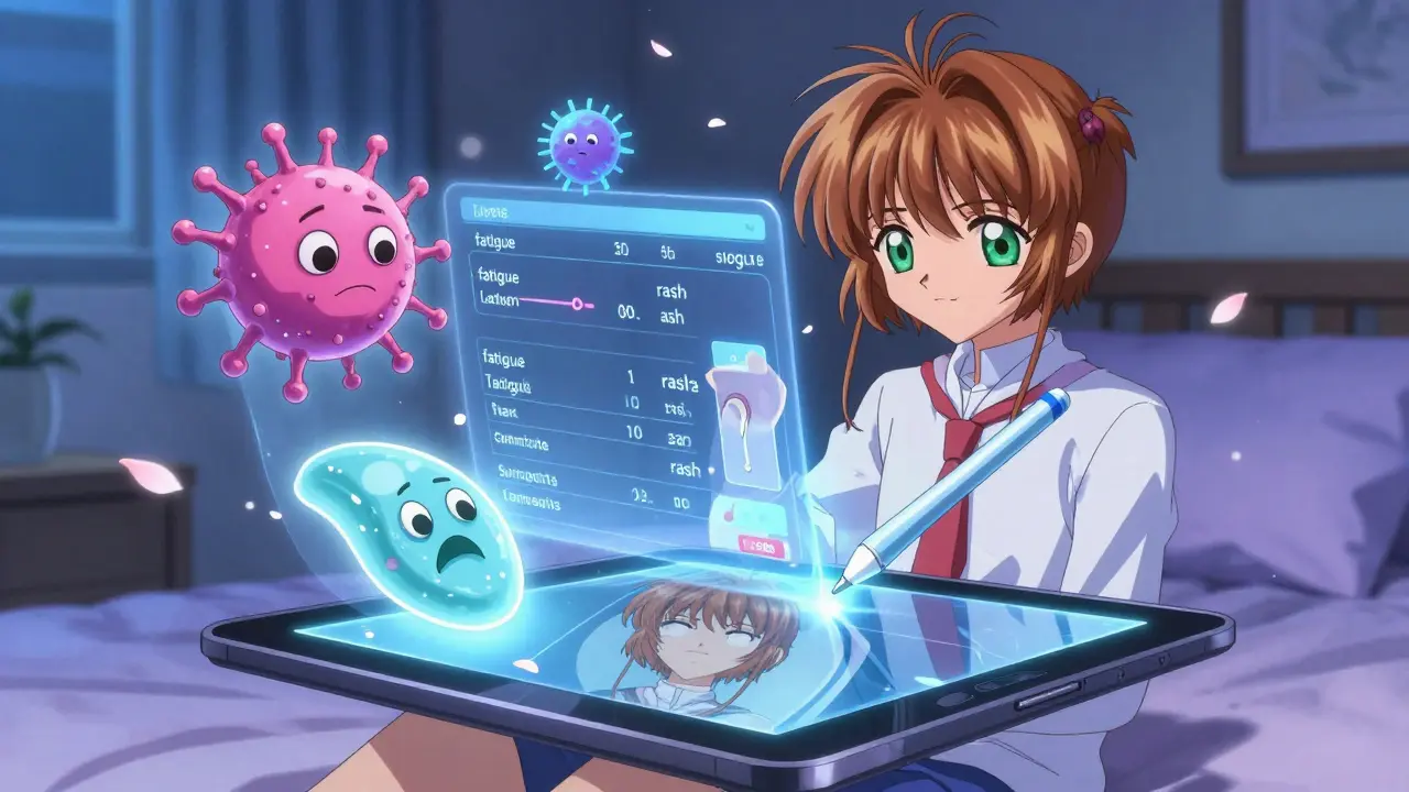 A digital tablet displays animated health avatars reacting to lab data as the user logs symptoms in a cozy room.