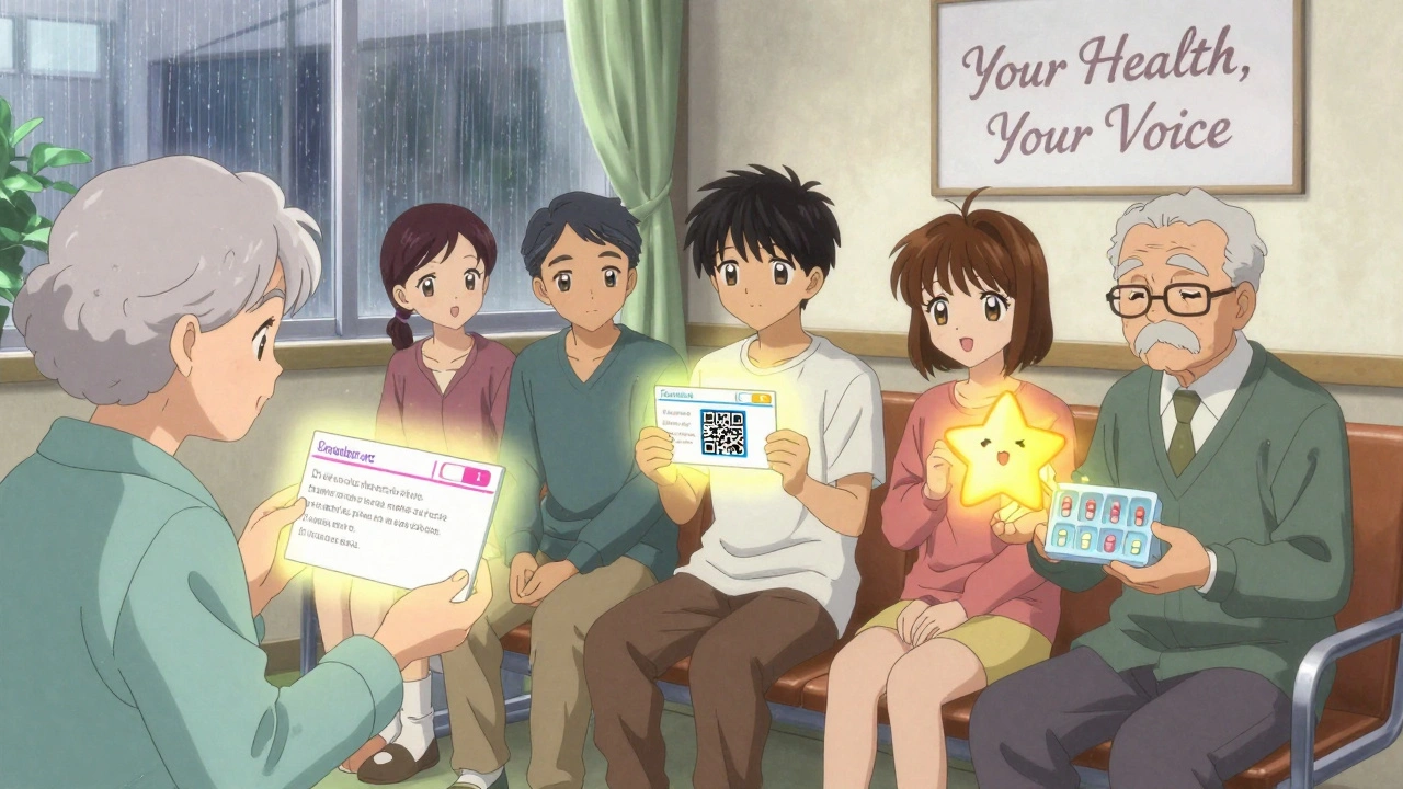 A diverse group of patients receiving personalized prescription aids like large-print labels and video QR codes.