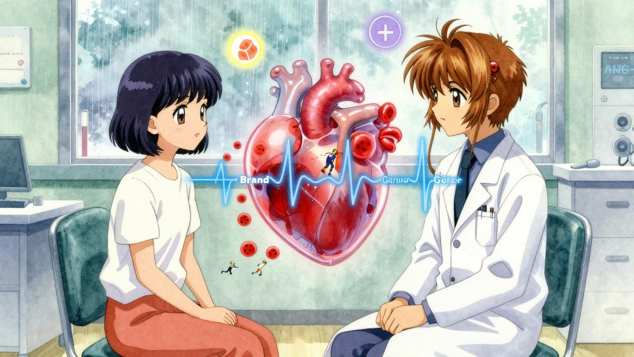 A doctor and patient sit with a pulsing heart between them showing unstable blood levels, surrounded by floating medical runes.