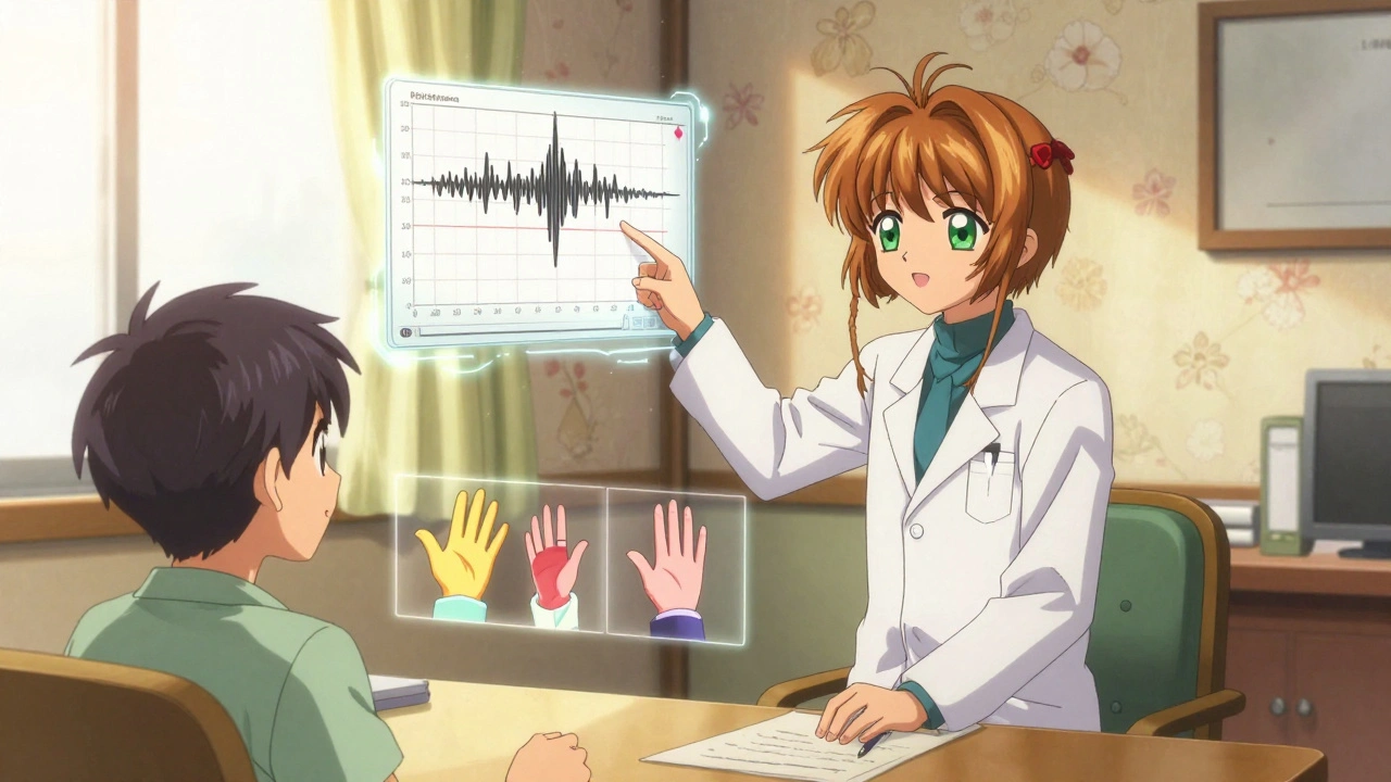 A doctor and patient view a glowing timeline of tremor onset, with animated hand tremor comparisons in a warm clinic setting.