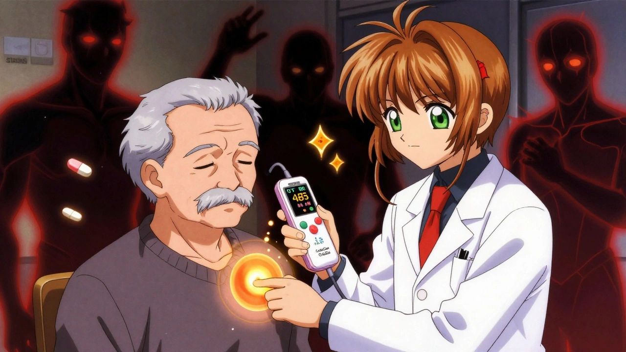 A doctor using a handheld device to check a senior patient's QT interval, with warning runes floating nearby.