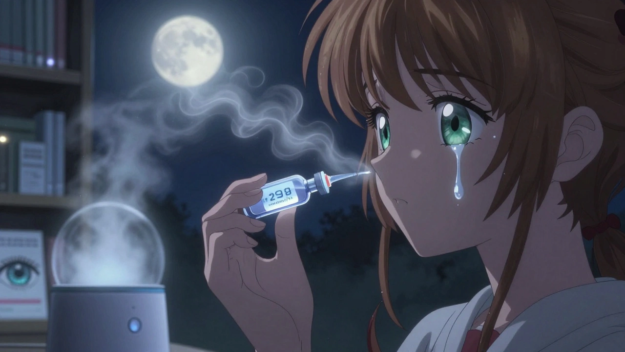 A girl applying a tear drop at night as a mist dragon rises from her eyes under moonlight.