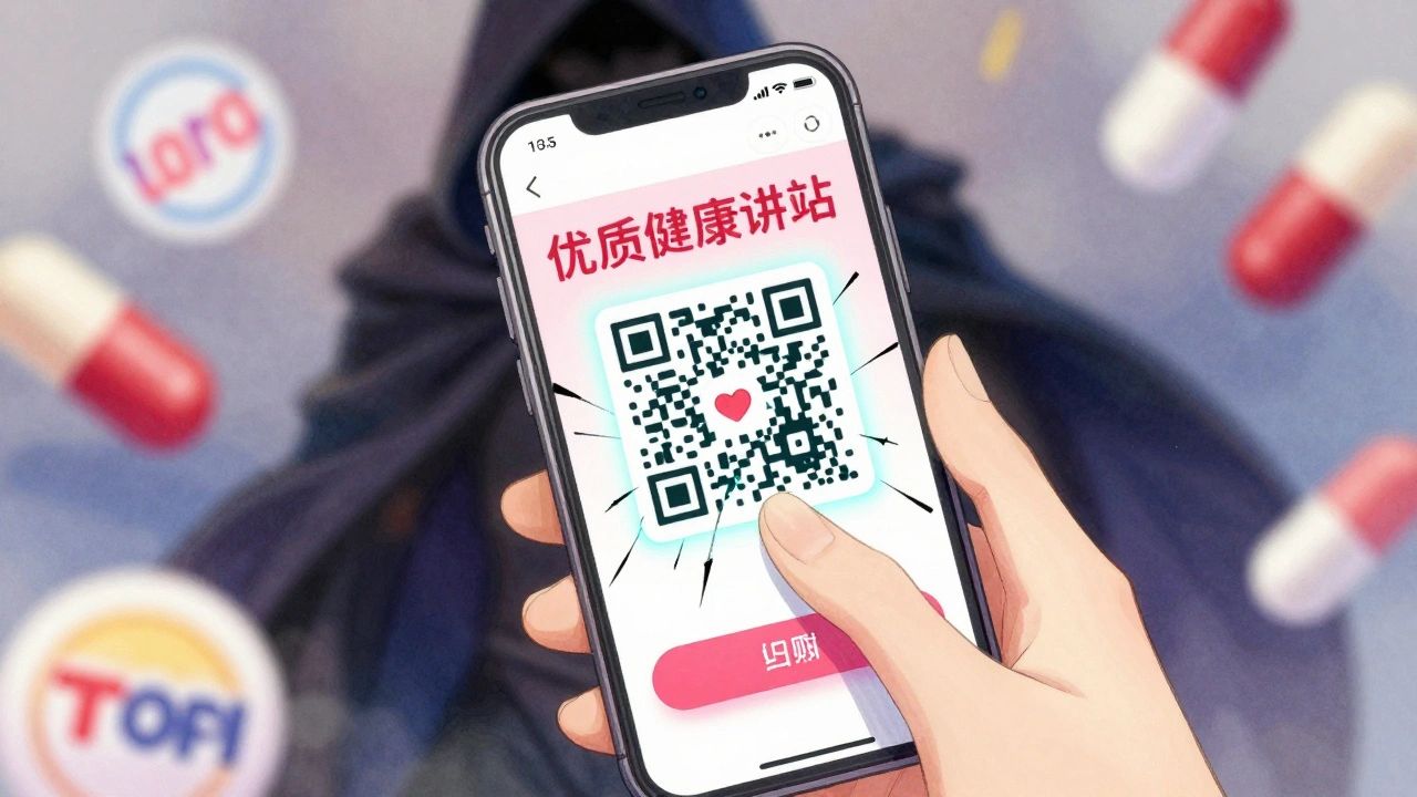 A girl hesitating over a fake social media ad for pills, with a cracking QR code and shadowy figure behind her phone.