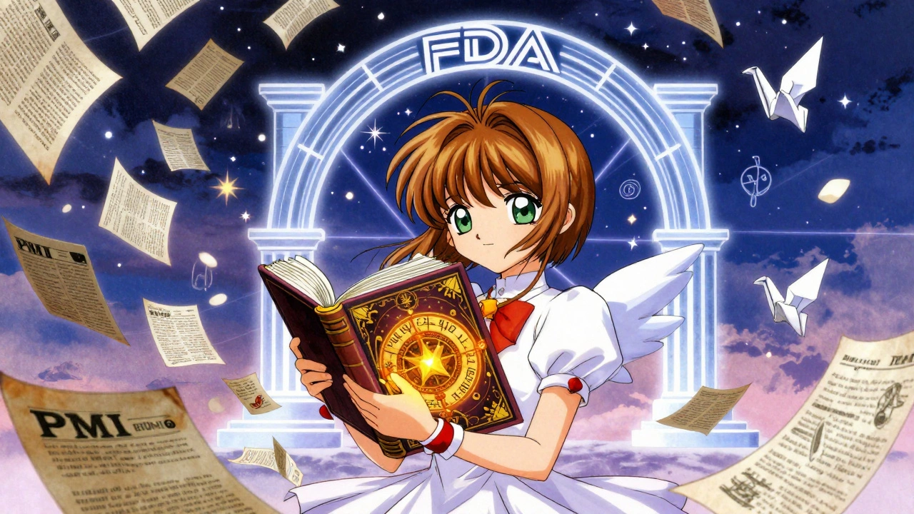 A girl holds a glowing medication guide as old papers dissolve into paper cranes under a celestial FDA logo.