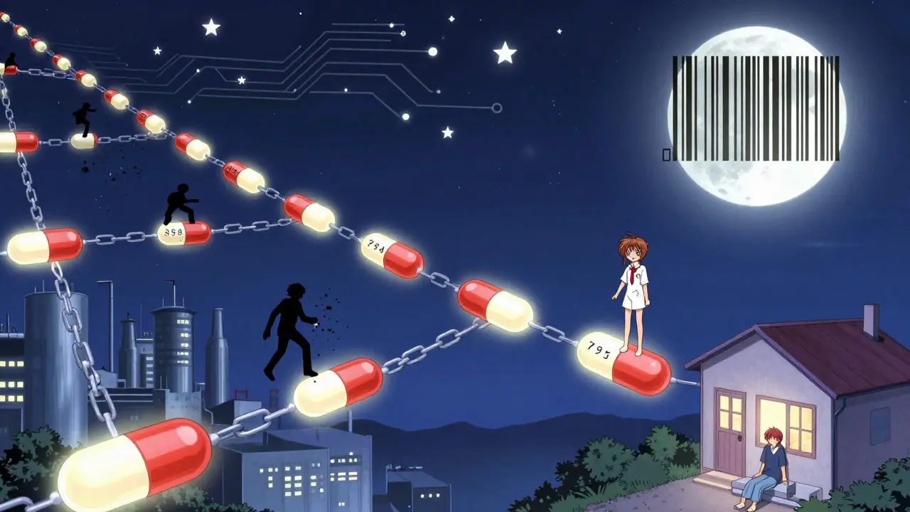 A glowing chain of pill-shaped nodes connects factory to home, defeating shadowy counterfeit figures with light.