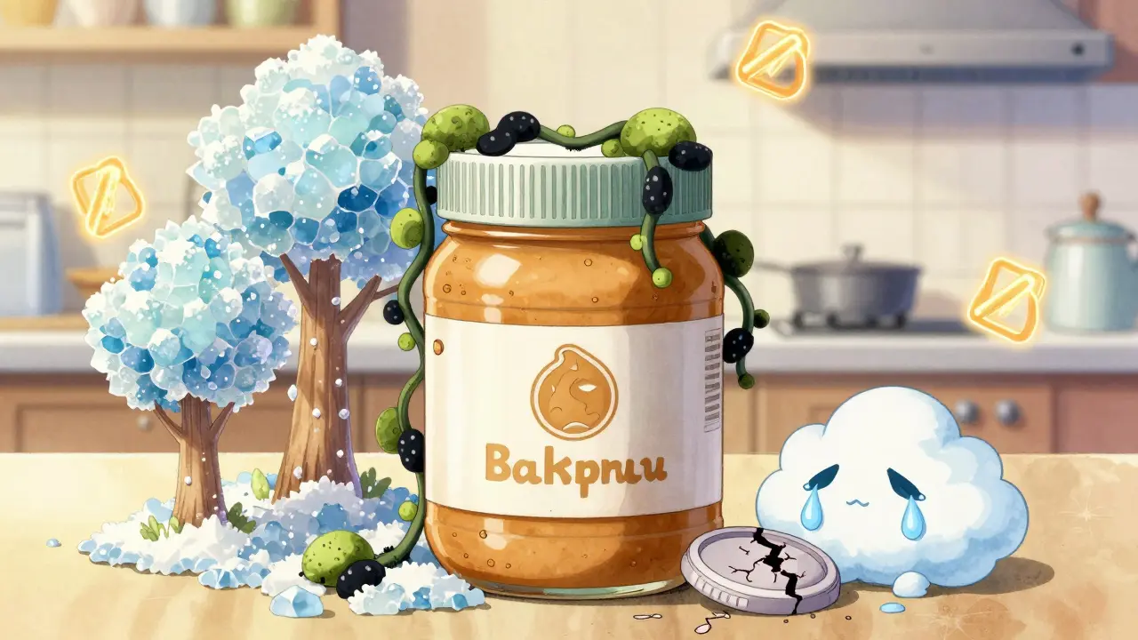 A jar of peanut butter turning into a magical forest with mold vines and a crying humidity cloud.