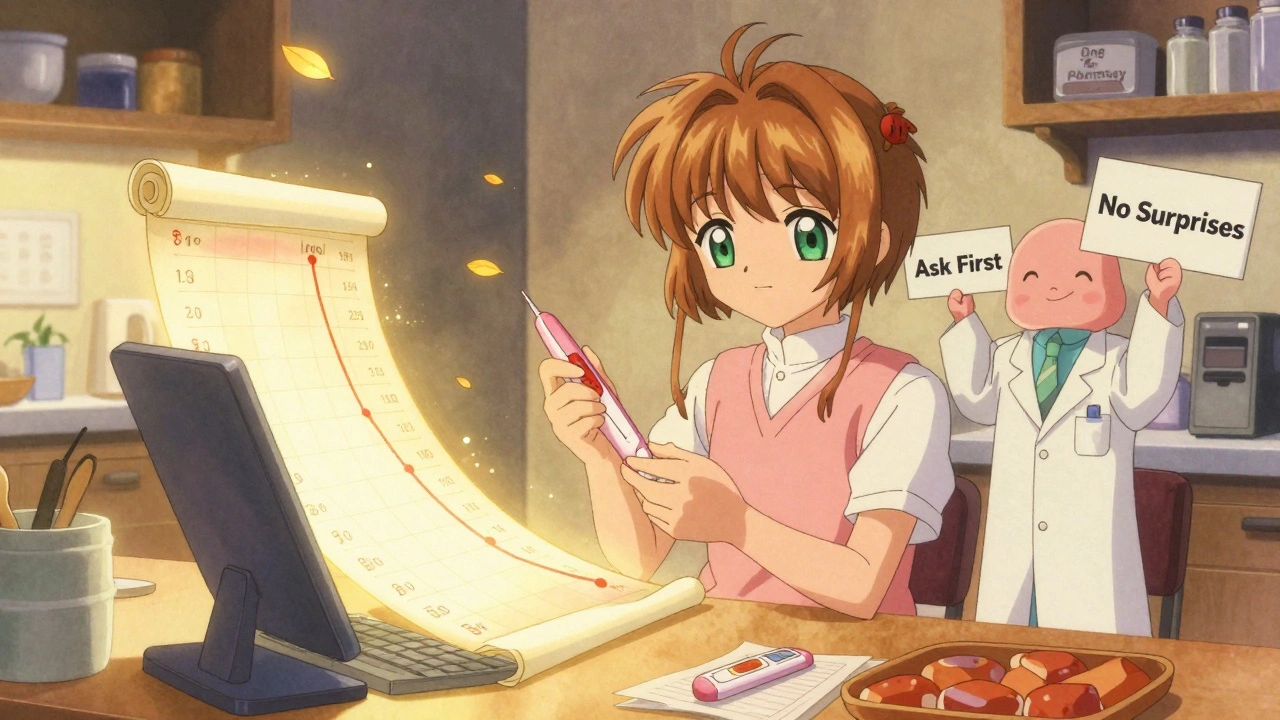 A patient checking INR at night with a glowing chart and guardian spirits holding safety reminders.