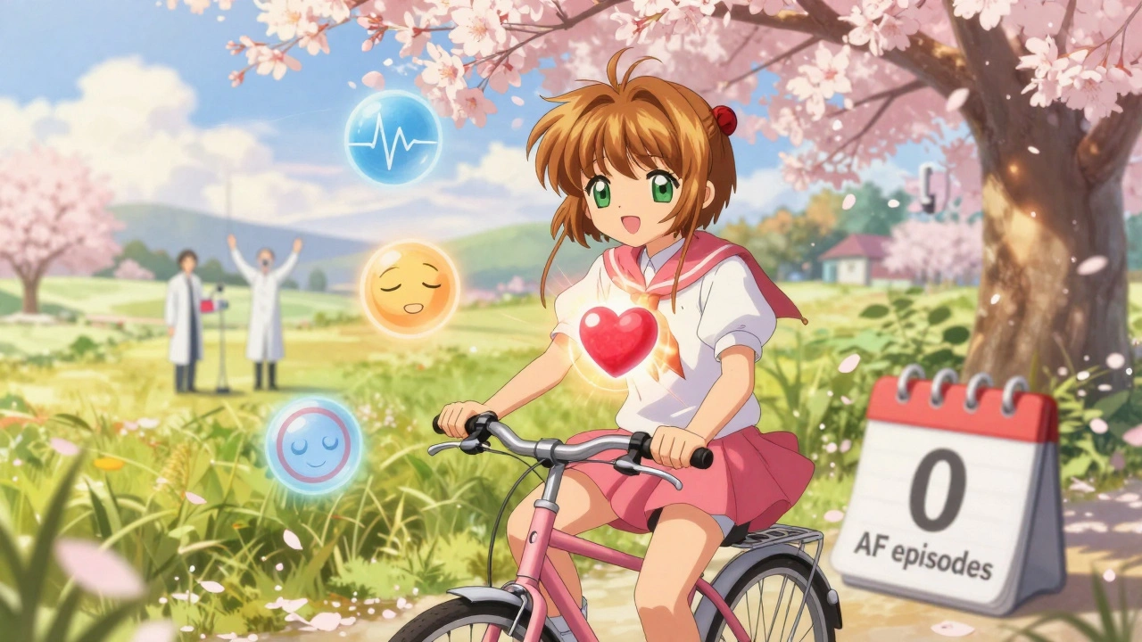 A patient cycling happily with a glowing stable heart, surrounded by symbols of health and freedom from arrhythmia.