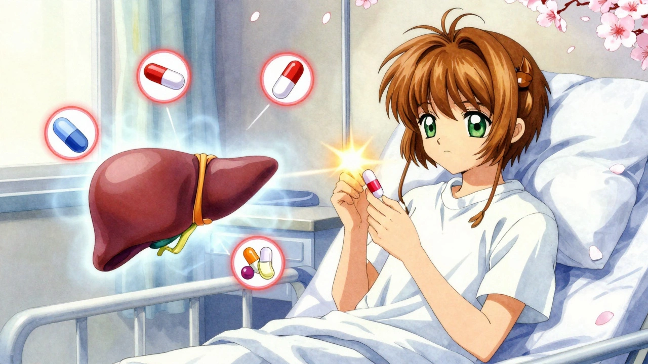 A patient holds a milk thistle capsule as a sentient liver watches floating warning symbols of medications.