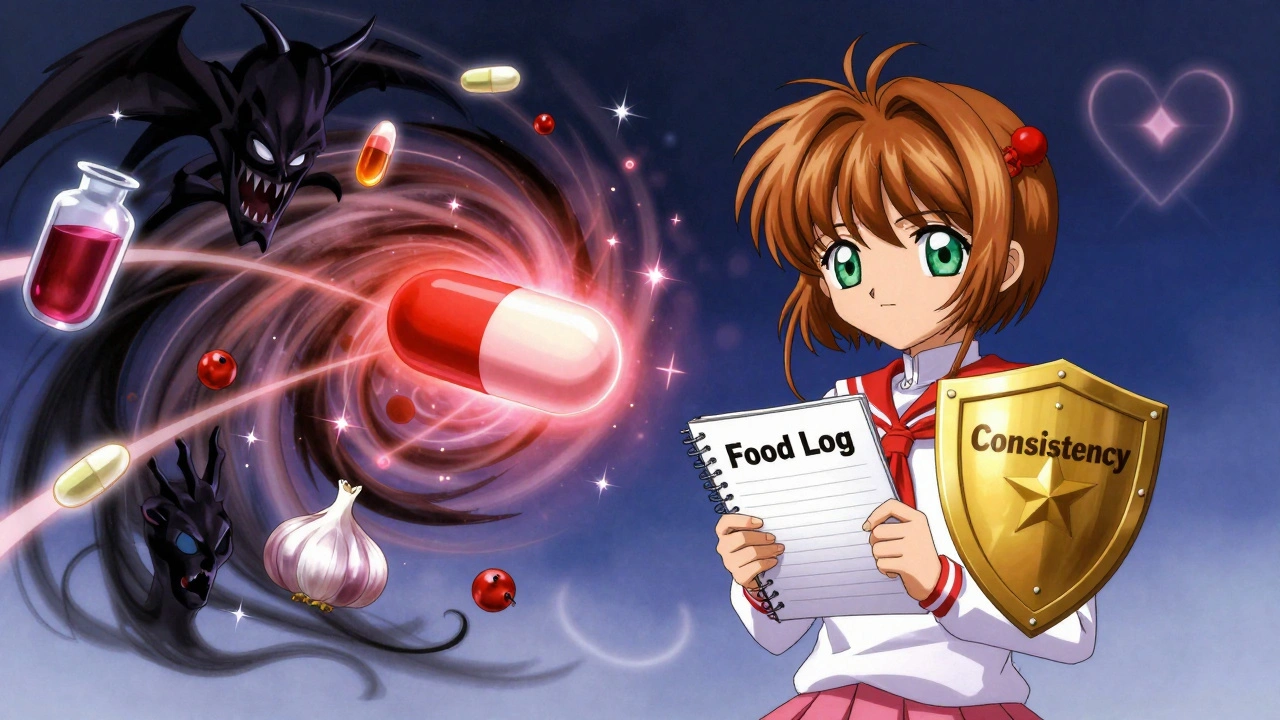 A patient protected by a consistency shield while dangerous supplements and drugs swirl around as dark spirits.