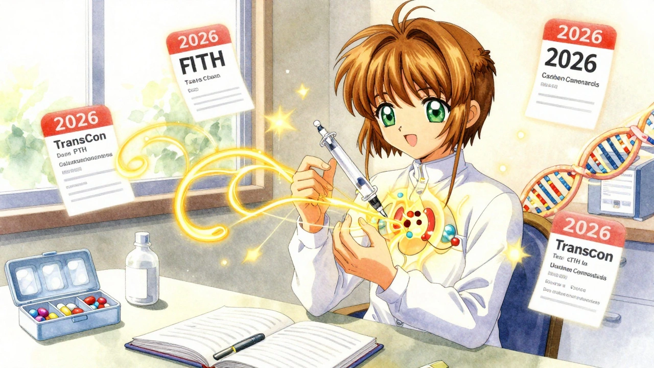 A patient receiving a glowing TransCon PTH injection, with magical energy connecting to their glands in a hopeful anime scene.