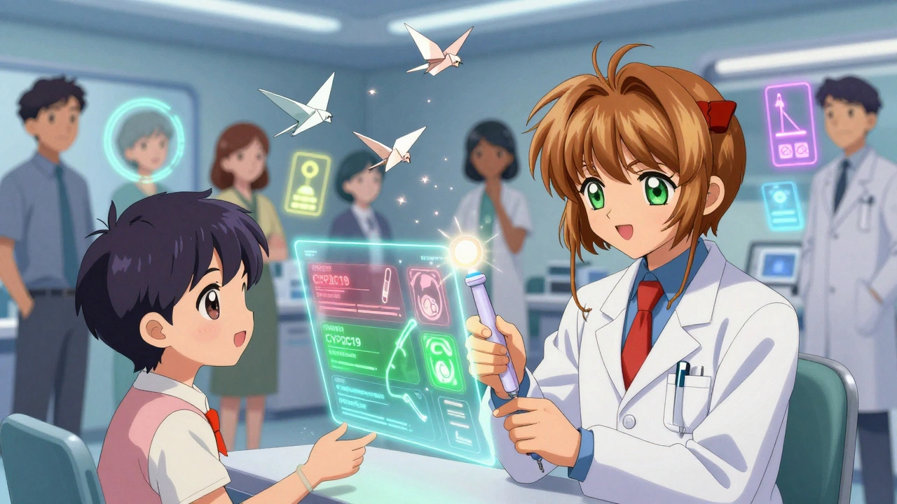 A patient receiving a quick genetic test with holographic drug pathways unfolding like origami birds.