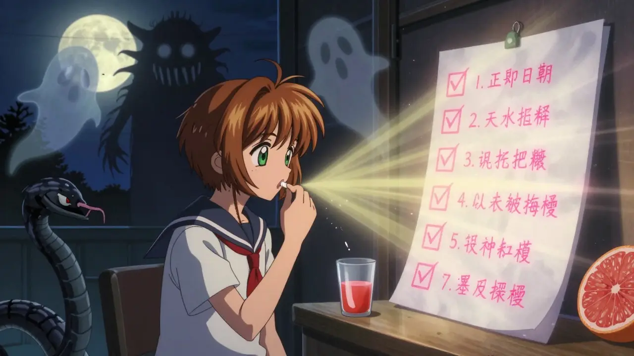 A person hesitating to take a pill, surrounded by ghostly warnings, as a glowing checklist dispels the dangers.