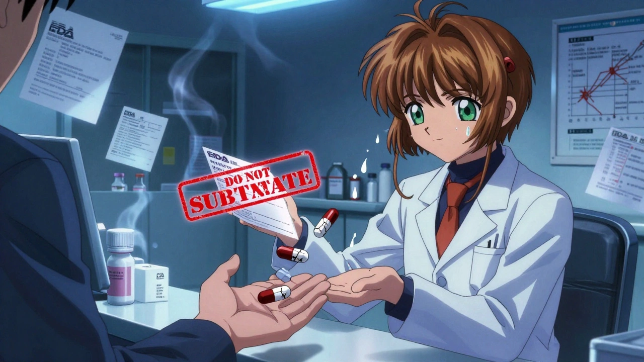 A pharmacist faces a prescription with a glowing 'DO NOT SUBSTITUTE' stamp, while cracked generic pills try to approach the patient.