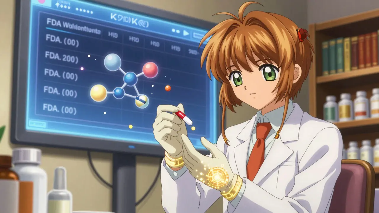 A pharmacist in a lab coat assembles a complex pill with floating molecules, glowing runes on her gloves.