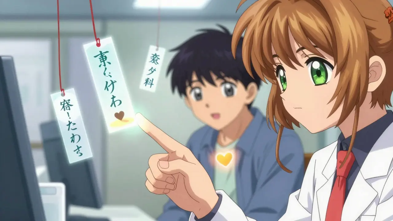 A pharmacist points to a pill bottle with floating animated warning labels as a patient looks on in understanding.